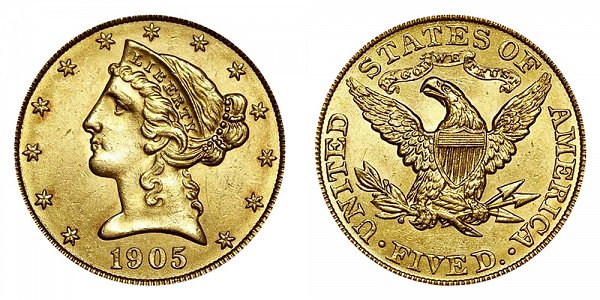 1905 Liberty Head $5 Gold Half Eagle - Five Dollars 