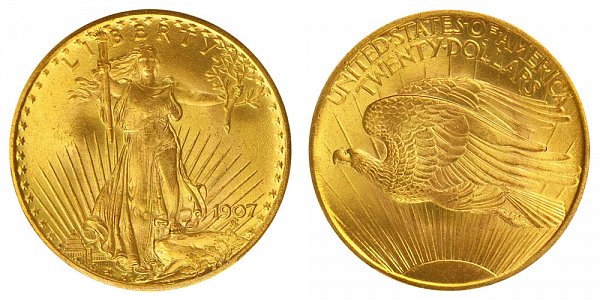 1907 Arabic Numerals - Small Edge Letters - Saint Gaudens $20 Gold Double Eagle - Twenty Dollars 