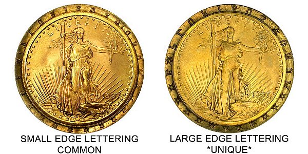 1907 Arabic Numerals Low Relief - Large Edge Lettering vs Small Edge Lettering - $20 Saint Gaudens Gold Double Eagle - Difference and Comparison
