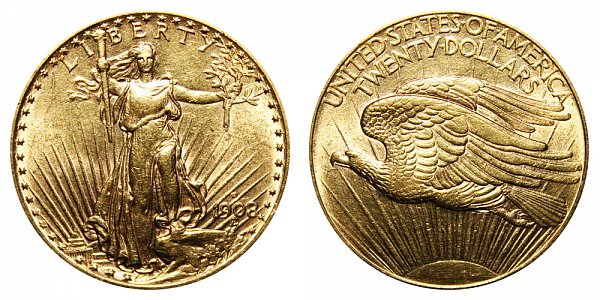 1908 D No Motto - Saint Gaudens $20 Gold Double Eagle - Twenty Dollars 