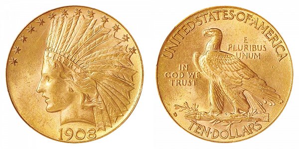 1908 D With Motto - Indian Head $10 Gold Eagle - Ten Dollars 