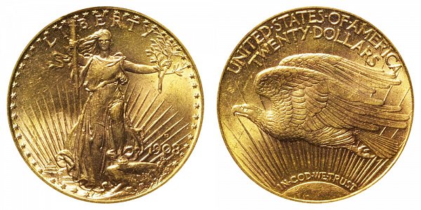 1908 D With Motto - Saint Gaudens $20 Gold Double Eagle - Twenty Dollars