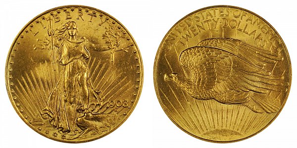 1908 No Motto - Saint Gaudens $20 Gold Double Eagle - Twenty Dollars