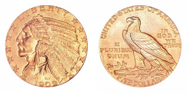 1909 O Indian Head $5 Gold Half Eagle - Five Dollars 