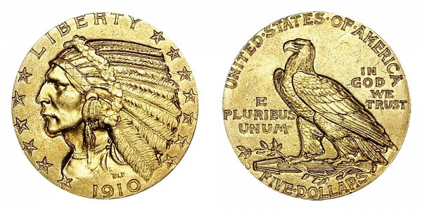 1910 D Indian Head $5 Gold Half Eagle - Five Dollars 