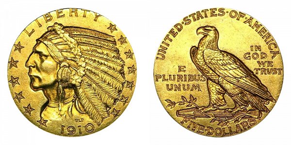 1910 Indian Head $5 Gold Half Eagle - Five Dollars 