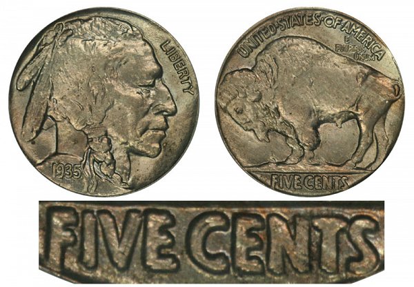 1935 Doubled Die Reverse Indian Head Buffalo Nickel 