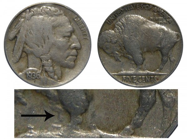 1936 D 3 1/2 Legs Indian Head Buffalo Nickel 