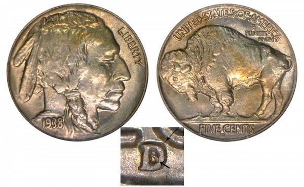 1938 D/S D Over S Indian Head Buffalo Nickel 