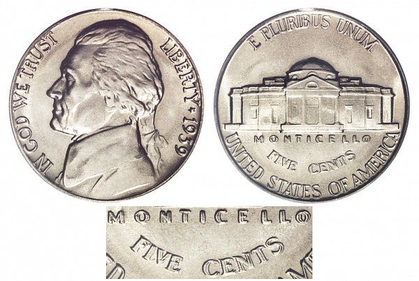 1939 Double Monticello Jefferson Nickel - Doubled Die