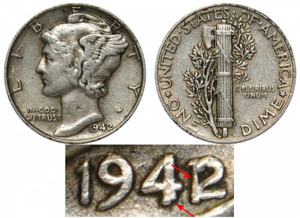 1942/1 42 Over 41 Silver Mercury Dime Overdate Error 
