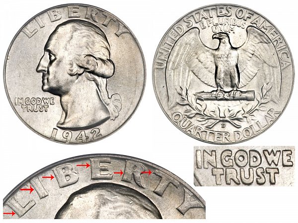 1942 D Doubled Die Obverse (DDO) Washington Silver Quarter 