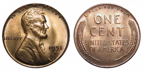 1951 S Lincoln Wheat Cent Penny