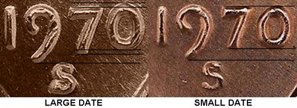 1970 S lincoln cent penny - small date vs large date comparision