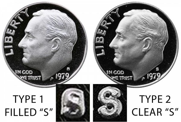 1979 Type 1 Filled S vs Type 2 Clear S Roosevelt Dime - Difference and Comparison