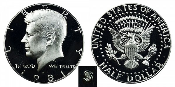 1981 Type 1 Filled S Kennedy Half Dollar Proof