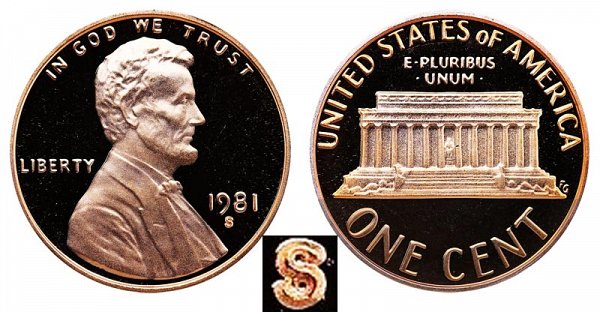 1981 S Type 1 Filled S Proof Lincoln Memorial Cent Penny