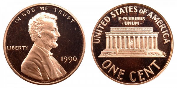 1990 No S Mint Mark Lincoln Memorial Cent Penny Proof 