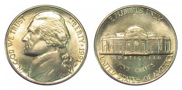 1991 P Jefferson Nickel