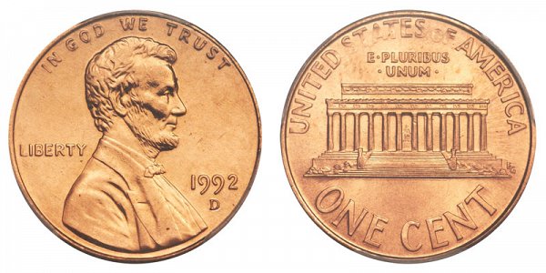1992 D Close AM Lincoln Memorial Cent Penny 