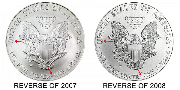 2008-W Reverse of 2007 vs Reverse of 2008 - American Silver Eagle - Difference and Comparison