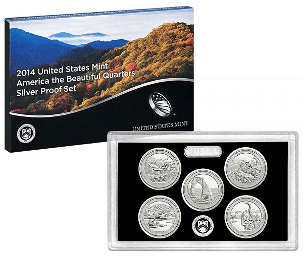 2014 America The Beautiful Quarters Silver Proof Set - 2014-S 5 Piece Set
