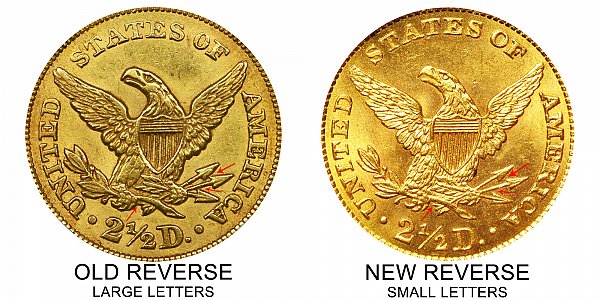 1861 Old Reverse vs New Reverse Liberty Head $2.50 Gold Quarter Eagle - Difference and Comparison
