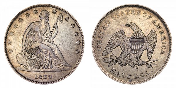 1839 Seated Liberty Half Dollar - With Drapery From Elbow 