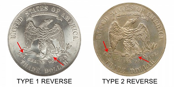 1875 Type 1 Reverse vs Type 2 Reverse Trade Silver Dollar - Difference and Comparison