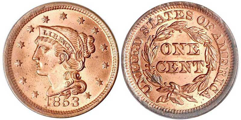1853 Braided Hair Liberty Head Large Cent Early Copper Penny Coin Value  Prices, Photos & Info